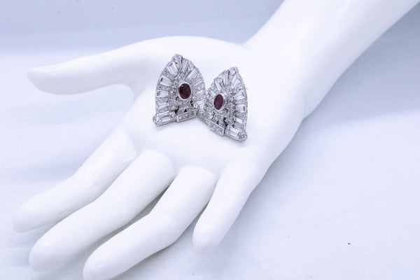 PLATINUM 1930 ART DECO 11.94 Ctw DIAMONDS AND RUBY EAR CLIPS