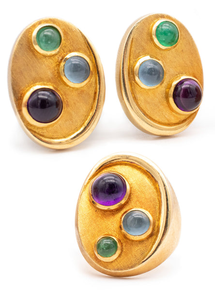 BURLE MARX 1970 BRAZIL 18 KT GOLD SET OF EARRING AND RING WITH 6.90 Cts OF GEMSTONES