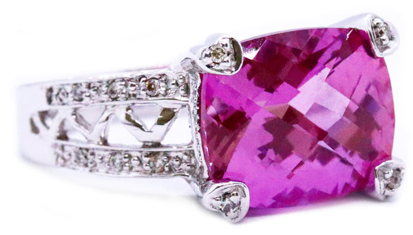 CUSHION CUT FIRE KUNZITE AND DIAMONDS 14 KT GOLD RING