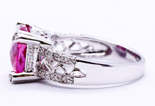 CUSHION CUT FIRE KUNZITE AND DIAMONDS 14 KT GOLD RING