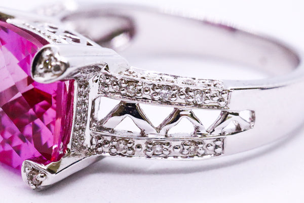 CUSHION CUT FIRE KUNZITE AND DIAMONDS 14 KT GOLD RING