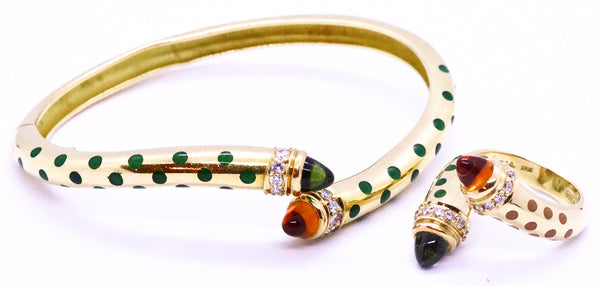 SUSY MOR DESIGNER 18 KT YELLOW GOLD BRACELET, ENAMEL, DIAMONDS & GEMSTONES
