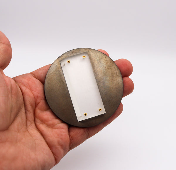 Thomas Gentille 1970 Geometric Round Brooch In 18kt Gold Frosted Lucite Bronze And Copper
