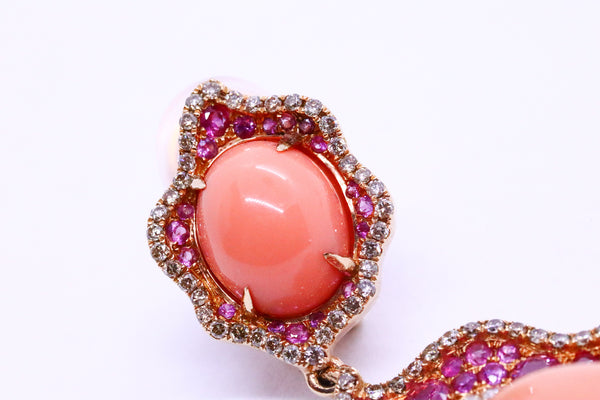 ASCOLI PICENO CORAL DROPS 18 KT EARRINGS WITH 10.56 Cts DIAMONDS & RUBIES