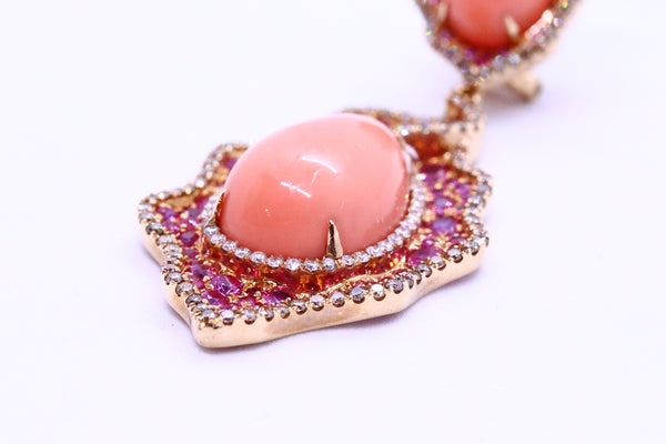 ASCOLI PICENO CORAL DROPS 18 KT EARRINGS WITH 10.56 Cts DIAMONDS & RUBIES