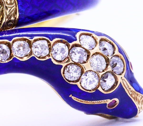 BRITISH VICTORIAN 10.94 CARATS DIAMONDS 18 KT GOLD SNAKE BLUE ENAMEL BRACELET