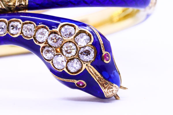 BRITISH VICTORIAN 10.94 CARATS DIAMONDS 18 KT GOLD SNAKE BLUE ENAMEL BRACELET