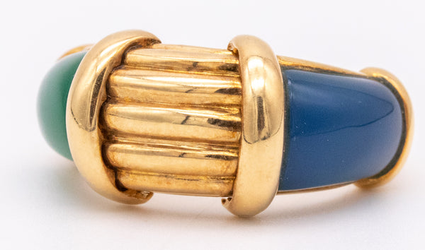 HERMES 1970 PARIS RARE 18 KT GOLD RING WITH CHRYSOPRASE & BLUE CHALCEDONY