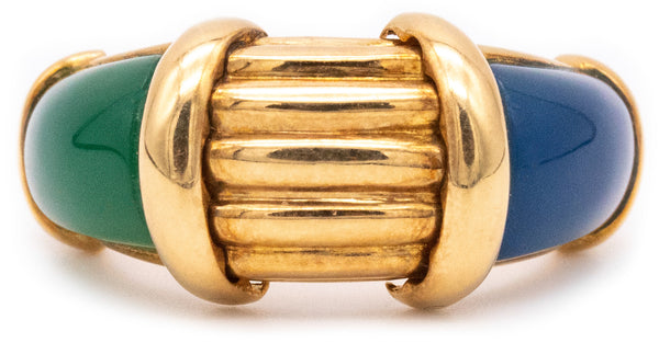 HERMES 1970 PARIS RARE 18 KT GOLD RING WITH CHRYSOPRASE & BLUE CHALCEDONY
