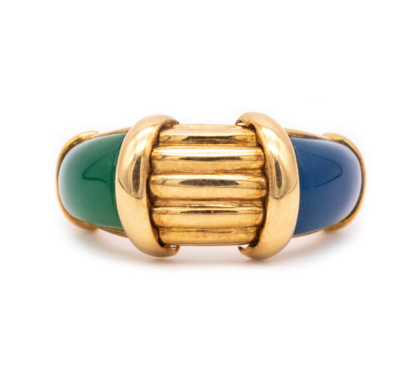HERMES 1970 PARIS RARE 18 KT GOLD RING WITH CHRYSOPRASE & BLUE CHALCEDONY