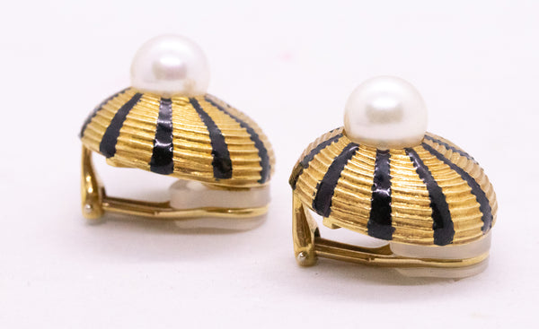 TIFFANY & CO. JEAN SCHLUMBERGER 18 KT ENAMEL EARRINGS WITH PEARLS