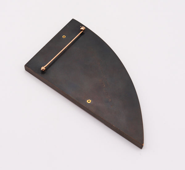 Thomas Gentille 1970 Geometric Red Lucite Brooch In 18kt Gold Bronze And Copper