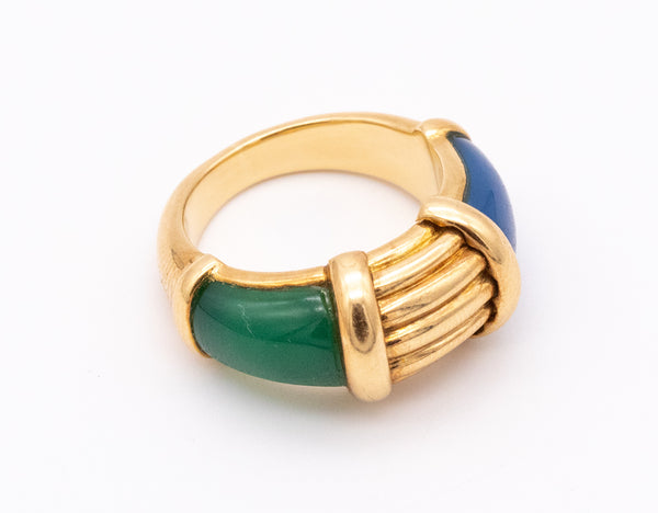 HERMES 1970 PARIS RARE 18 KT GOLD RING WITH CHRYSOPRASE & BLUE CHALCEDONY
