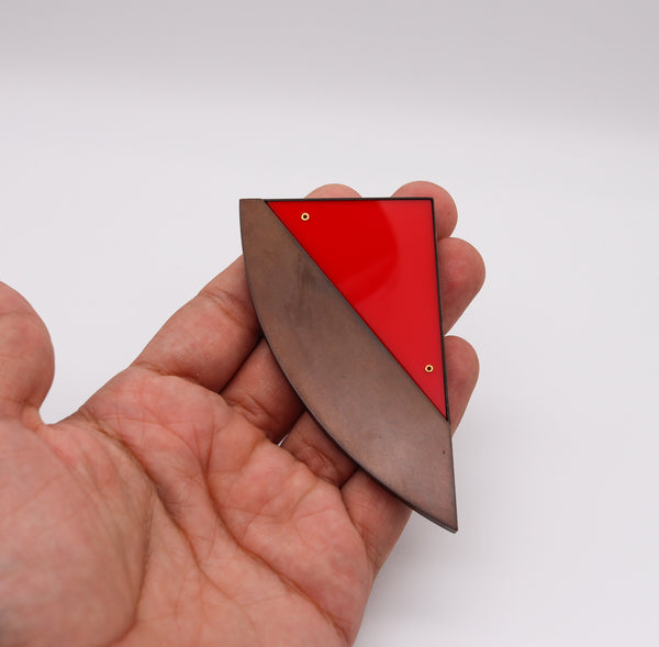 Thomas Gentille 1970 Geometric Red Lucite Brooch In 18kt Gold Bronze And Copper