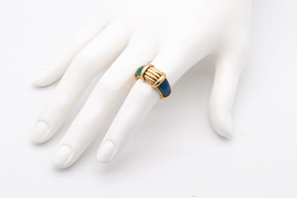 HERMES 1970 PARIS RARE 18 KT GOLD RING WITH CHRYSOPRASE & BLUE CHALCEDONY