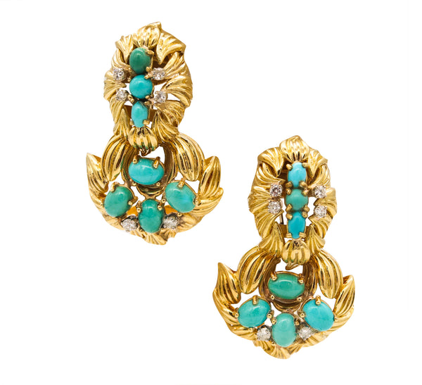 Mid Century 1960 Drop Earrings In 18Kt Gold With 7.89 Ctw In Turquoises & Diamonds
