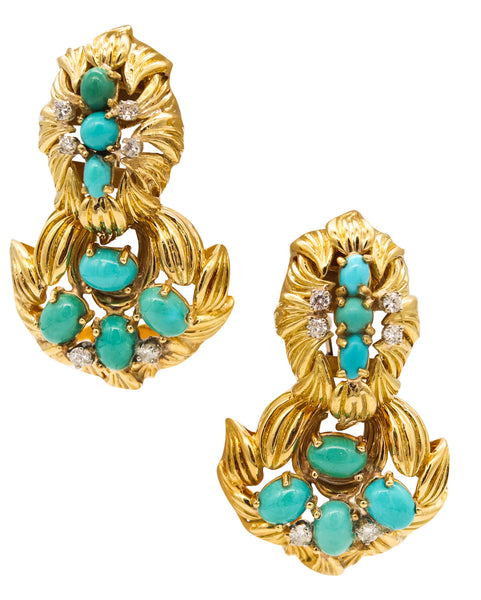 Mid Century 1960 Drop Earrings In 18Kt Gold With 7.89 Ctw In Turquoises & Diamonds
