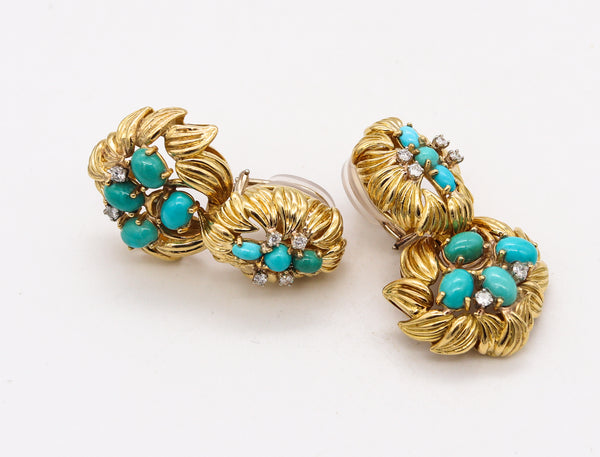 Mid Century 1960 Drop Earrings In 18Kt Gold With 7.89 Ctw In Turquoises & Diamonds