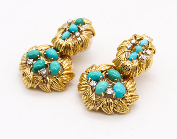 Mid Century 1960 Drop Earrings In 18Kt Gold With 7.89 Ctw In Turquoises & Diamonds