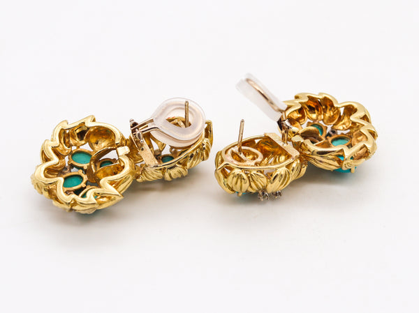 Mid Century 1960 Drop Earrings In 18Kt Gold With 7.89 Ctw In Turquoises & Diamonds