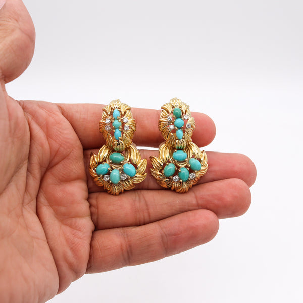 Mid Century 1960 Drop Earrings In 18Kt Gold With 7.89 Ctw In Turquoises & Diamonds