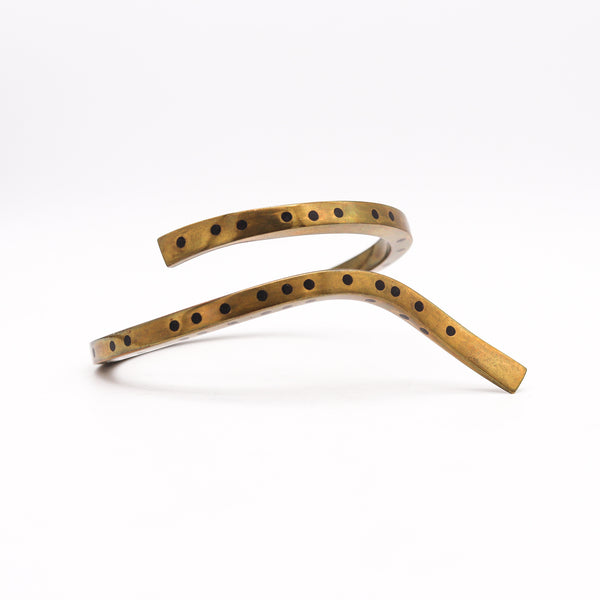 Thomas Gentille 1970 Sculptural Bangle Bracelet In Brass And Ebony wood