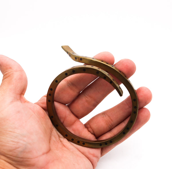 Thomas Gentille 1970 Sculptural Bangle Bracelet In Brass And Ebony wood