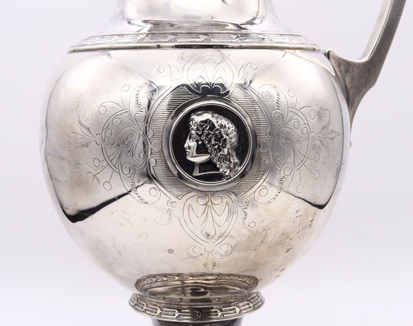 William Gale  Son 1856 New York Rare Etruscan Medallion Wine Pitcher Ewer In Sterling Silver