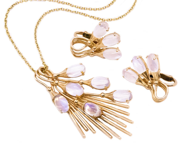 TIFFANY & CO. 1940 MOONSTONES RETRO SET OF EARRINGS & PENDANT