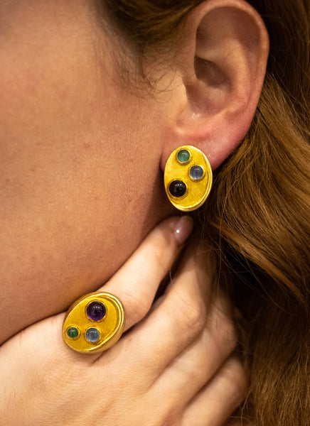 BURLE MARX 1970 BRAZIL 18 KT GOLD SET OF EARRING AND RING WITH 6.90 Cts OF GEMSTONES