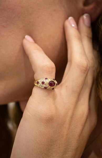 CARTIER PARIS 18 KT GOLD CORINTH MODEL RING WITH 2.23 Ctw IN DIAMONDS & RUBIES.