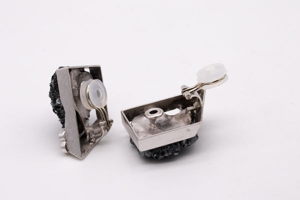 Jean Vendome 1970 Paris Rare Clips Earrings In 18Kt White Gold With Diamonds And Sphalerite Quartz