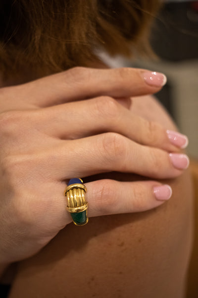 HERMES 1970 PARIS RARE 18 KT GOLD RING WITH CHRYSOPRASE & BLUE CHALCEDONY
