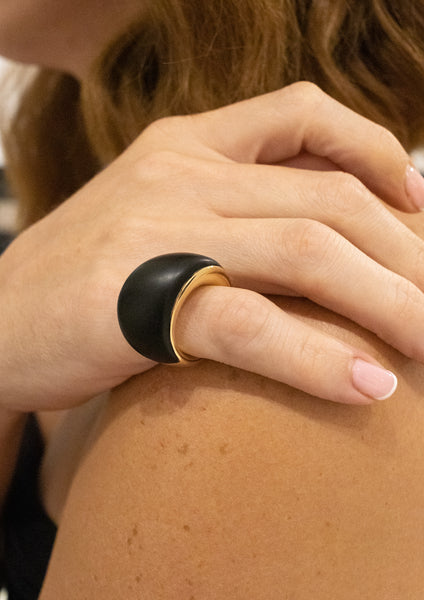 CARL BUCHERER SWISS 18 KT ROSE GOLD MODERNIST RING WITH CARVED EBONY