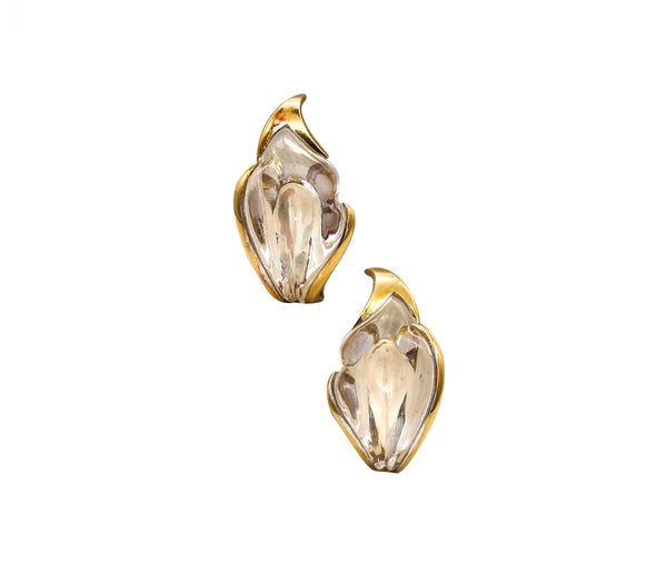-Tiffany & Co 1977 Elsa Peretti Rock Quartz Lilies Clips On Earrings In 18Kt Yellow Gold
