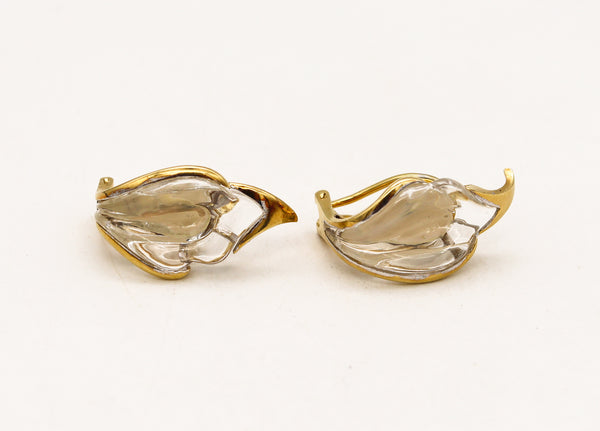 -Tiffany & Co 1977 Elsa Peretti Rock Quartz Lilies Clips On Earrings In 18Kt Yellow Gold