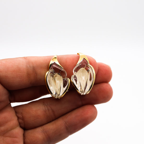 -Tiffany & Co 1977 Elsa Peretti Rock Quartz Lilies Clips On Earrings In 18Kt Yellow Gold