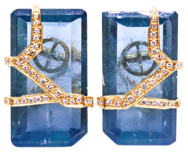 PAUL BINDER SWISS GIA CERTIFIED 77.9 CARATS AQUAMARINES & DIAMONDS 18 KT EARRINGS