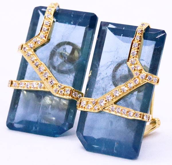 PAUL BINDER SWISS GIA CERTIFIED 77.9 CARATS AQUAMARINES & DIAMONDS 18 KT EARRINGS