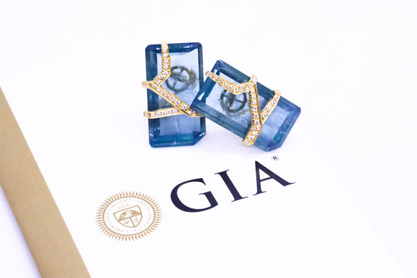 PAUL BINDER SWISS GIA CERTIFIED 77.9 CARATS AQUAMARINES & DIAMONDS 18 KT EARRINGS