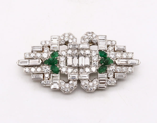 OSCAR HEYMAN 1930 ART DECO PLATINUM CONVERTIBLE CLIPS WITH 8.96 Ctw IN CARVED EMERALDS & DIAMONDS