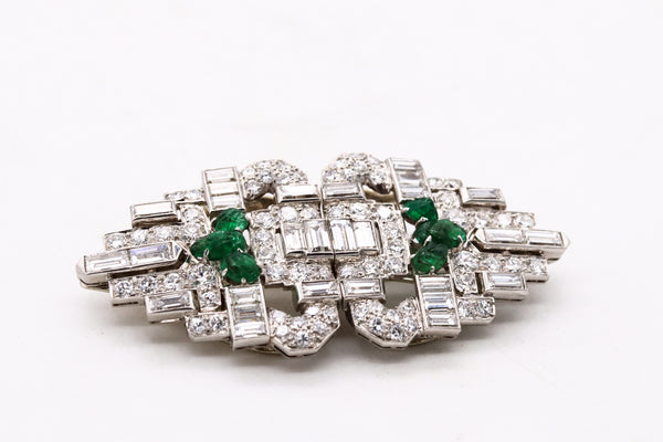 OSCAR HEYMAN 1930 ART DECO PLATINUM CONVERTIBLE CLIPS WITH 8.96 Ctw IN CARVED EMERALDS & DIAMONDS