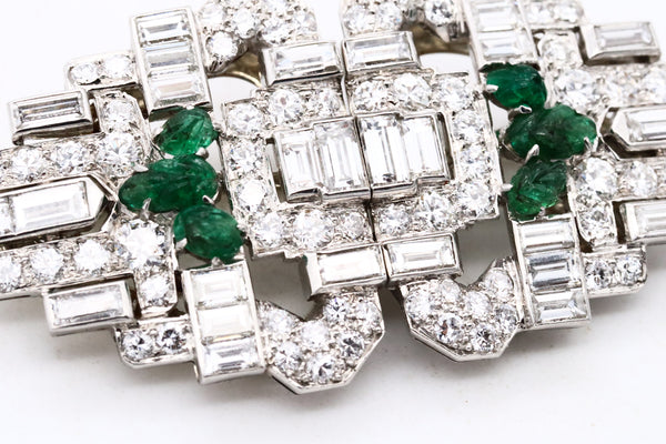 OSCAR HEYMAN 1930 ART DECO PLATINUM CONVERTIBLE CLIPS WITH 8.96 Ctw IN CARVED EMERALDS & DIAMONDS