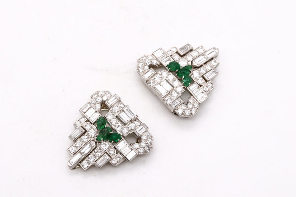 OSCAR HEYMAN 1930 ART DECO PLATINUM CONVERTIBLE CLIPS WITH 8.96 Ctw IN CARVED EMERALDS & DIAMONDS