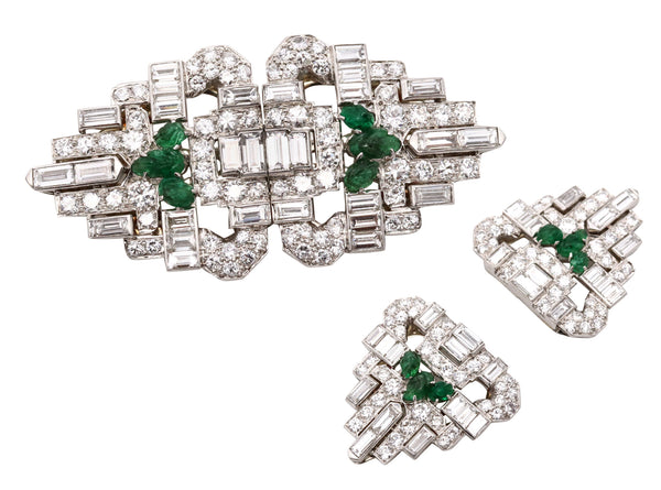 OSCAR HEYMAN 1930 ART DECO PLATINUM CONVERTIBLE CLIPS WITH 8.96 Ctw IN CARVED EMERALDS & DIAMONDS