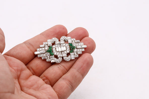 OSCAR HEYMAN 1930 ART DECO PLATINUM CONVERTIBLE CLIPS WITH 8.96 Ctw IN CARVED EMERALDS & DIAMONDS