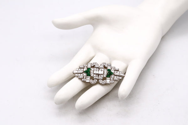 OSCAR HEYMAN 1930 ART DECO PLATINUM CONVERTIBLE CLIPS WITH 8.96 Ctw IN CARVED EMERALDS & DIAMONDS
