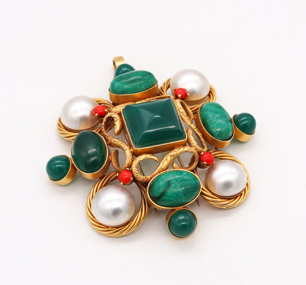 Modernist 1970 Convertible Maltese Pendant Brooch In 18Kt Gold With 106.86 Cts In Multi Gemstones