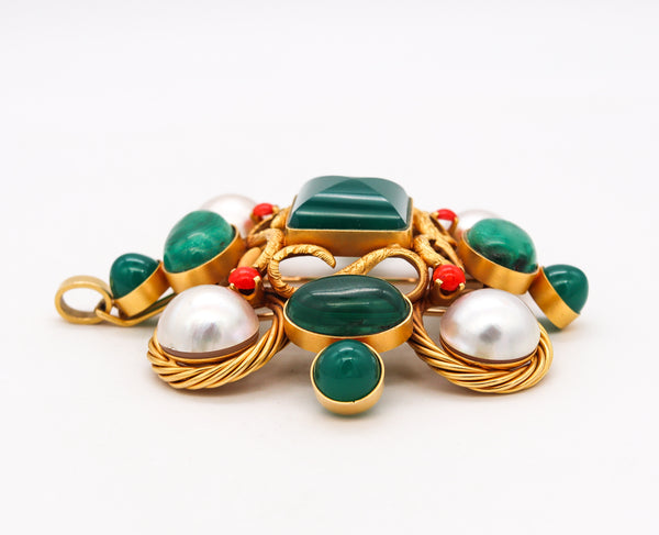 Modernist 1970 Convertible Maltese Pendant Brooch In 18Kt Gold With 106.86 Cts In Multi Gemstones