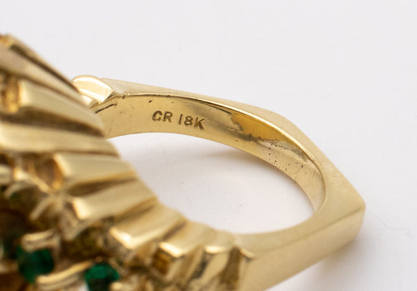 Modernist 1970 Bold Cocktail Ring In 18Kt With 3.15 Cts Of Diamonds And Emeralds